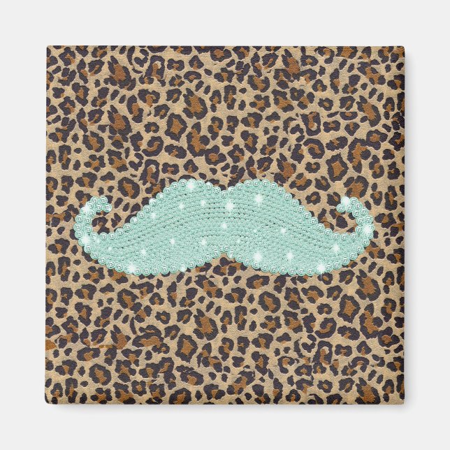 Funny Teal Green Bling Moustache And Animal Print Magnet (Front)