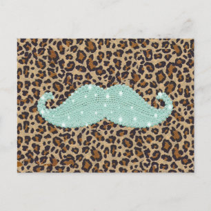 Funny Teal Green Bling Moustache And Animal Print Postcard
