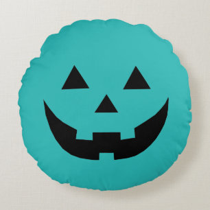 Funny teal Jack o lantern pumpkin face Halloween Round Pillow
