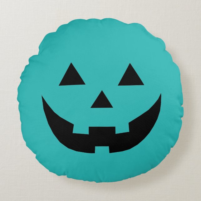 Funny teal Jack o lantern pumpkin face Halloween Round Pillow (Front)