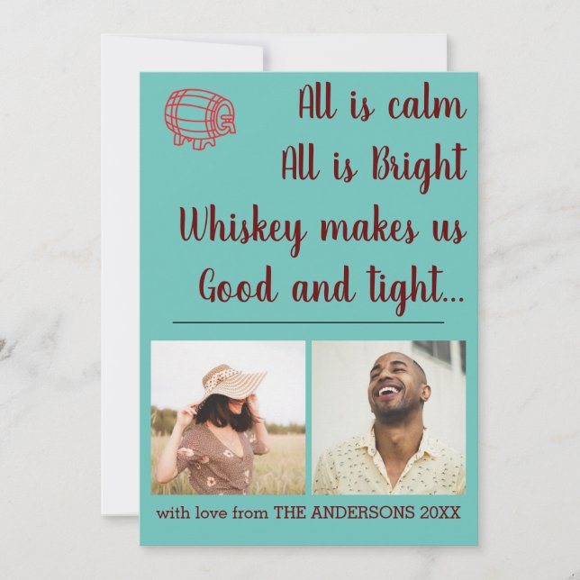 Funny Teal Whiskey Christmas Photo Collage Holiday Card (Front)