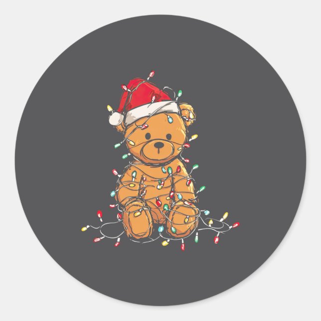 Funny Teddy Bear Christmas Graphics Lights Lover L Classic Round Sticker (Front)