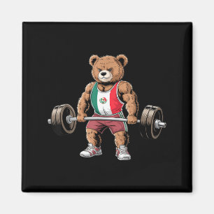 Funny teddy bear mexican flag lifting weights gym magnet