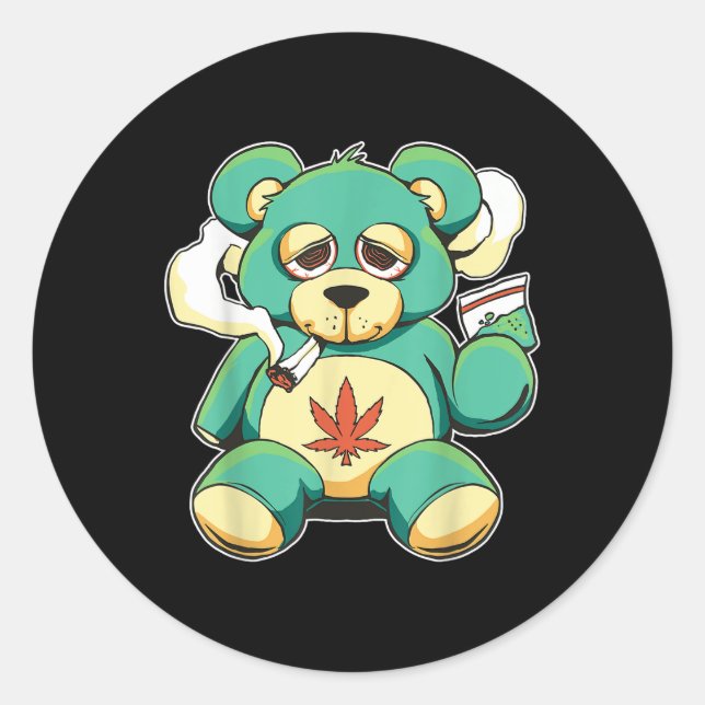 Funny Teddy Bear Pot Leaf Weed Smokin  Classic Round Sticker (Front)