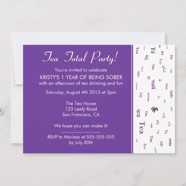 Funny Teetotal /Tea Total custom years sober party Invitation (Front)