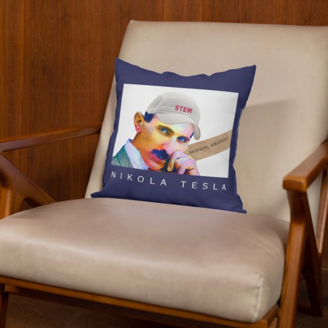 Funny Tesla Portrait Throw Pillow (Creator Uploaded)
