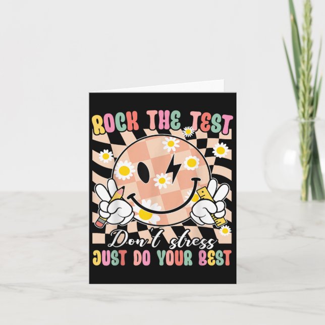 Funny Test Smiling Face Rock The Test Motivational Card (Front)