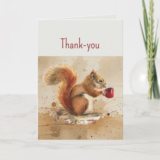 Funny Thank You Squirrel drinking Coffee Card (Front)