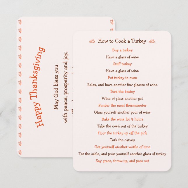Funny Thanksgiving Card How To Roast Turkey Recipe (Front/Back)
