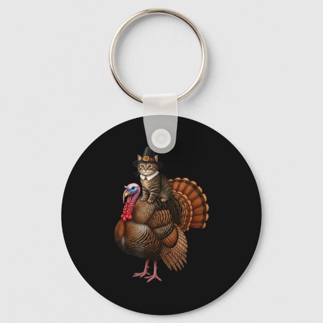 Funny Thanksgiving Cat On Turkey, Lgrim Hat Turkey Keychain (Front)