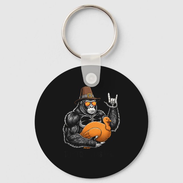 Funny Thanksgiving Gorilla Holding Turkey Lgrim Ha Keychain (Front)