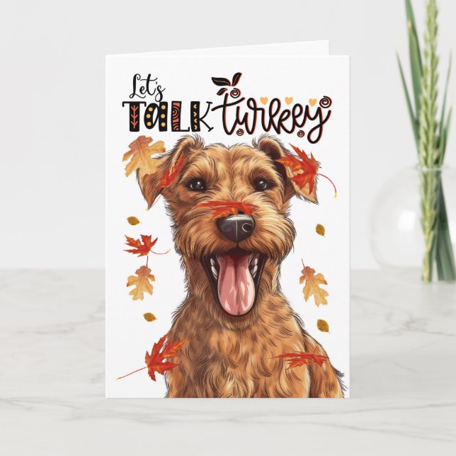 Funny Thanksgiving Irish Terrier Let's Talk Turkey Holiday Card (Front)