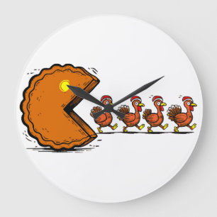 Funny Thanksgiving Pie Eating Turkey Retro Gaming Large Clock