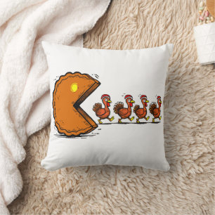 Funny Thanksgiving Pie Eating Turkey Retro Gaming Throw Pillow