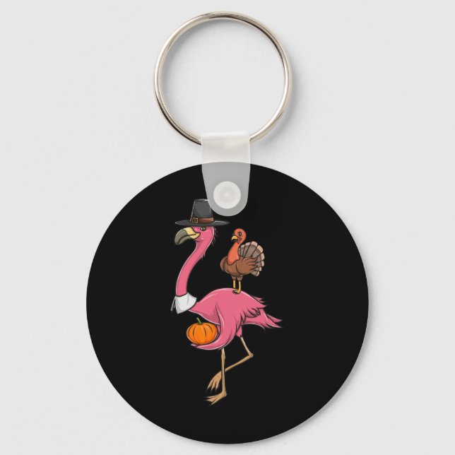 Funny Thanksgiving Pilgrim Flamingo With Turkey Cu Keychain (Front)
