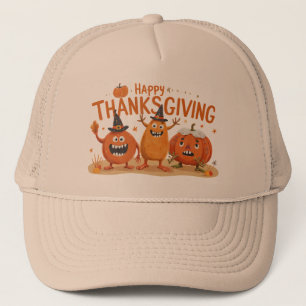 Funny Thanksgiving Pumpkins in Witch Hats Cartoon