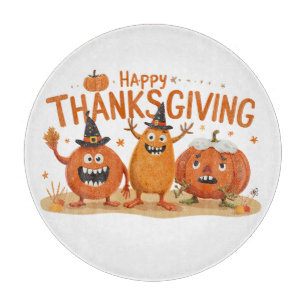 Funny Thanksgiving Pumpkins in Witch Hats Cartoon  Cutting Board