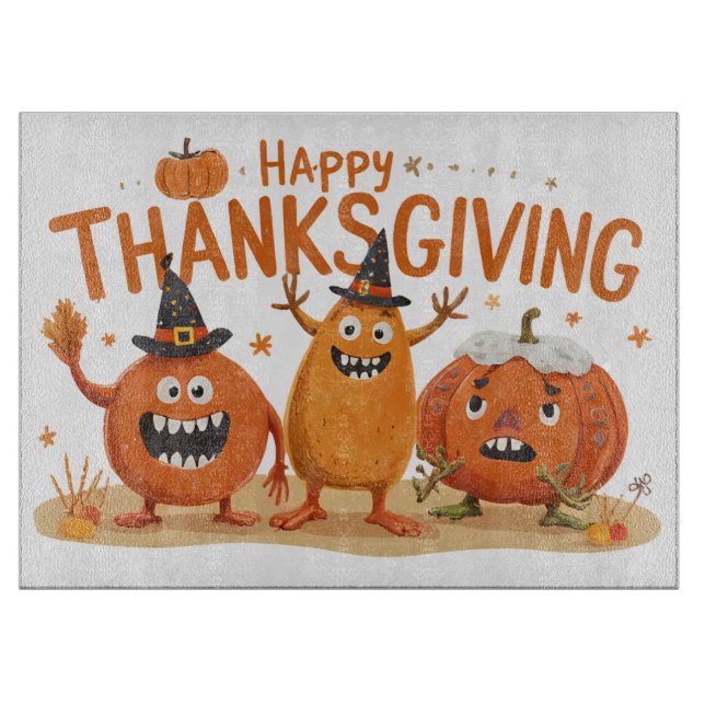 Funny Thanksgiving Pumpkins in Witch Hats Cartoon  Cutting Board (Front)