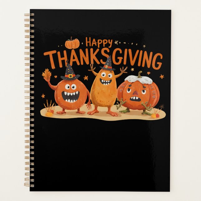 Funny Thanksgiving Pumpkins in Witch Hats Cartoon  Planner (Front)