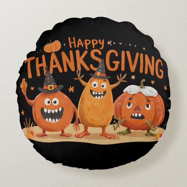 Funny Thanksgiving Pumpkins in Witch Hats Cartoon  Round Pillow (Front)