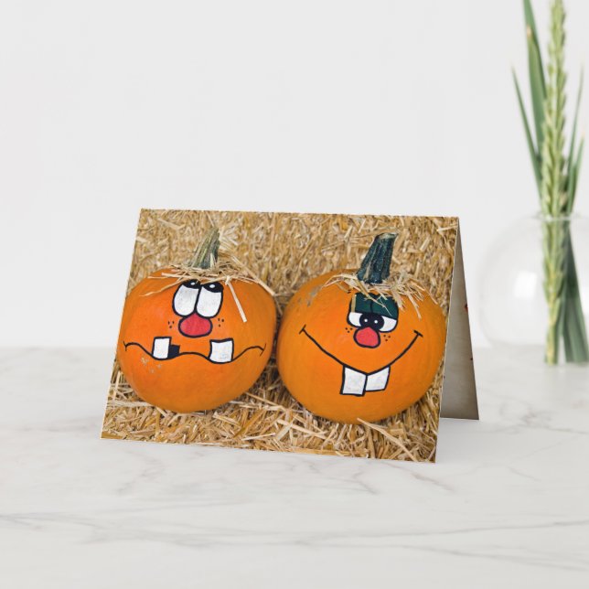 funny Thanksgiving pumpkins on hay bale Card (Front)