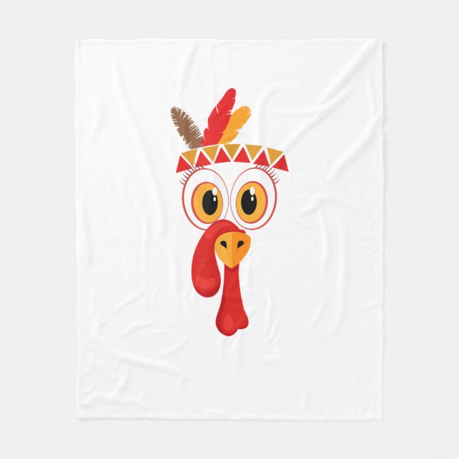 Funny Thanksgiving Turkey Face Indian Feather Head Fleece Blanket (Front)