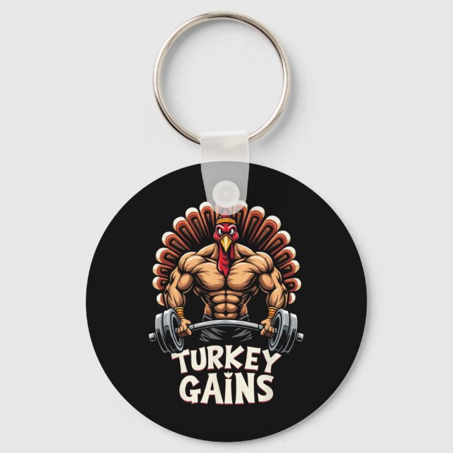 Funny Thanksgiving Turkey Gains Motivation Gym Wor Keychain (Front)
