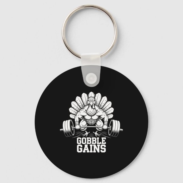 Funny Thanksgiving Turkey Gobble Gains Gym Workout Keychain (Front)