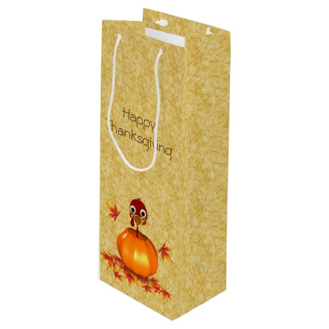 Funny Thanksgiving Turkey in Pumpkin Wine Gift Bag (Front Angled)