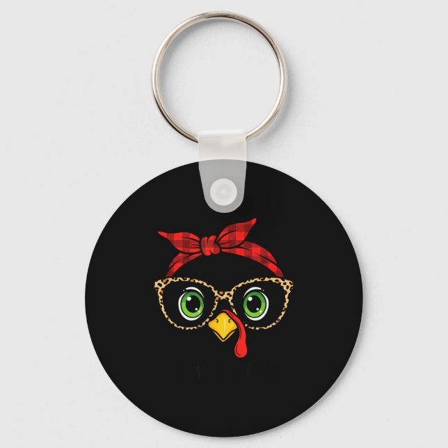 Funny Thanksgiving Turkey, Leopard Gles &amp; Buff Keychain (Front)