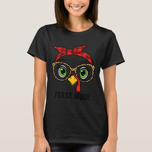 Funny Thanksgiving Turkey, Leopard Gles &amp; Buff T-Shirt (Front)