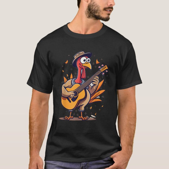 Funny Thanksgiving Turkey RockStar Turkey Playing  T-Shirt (Front)