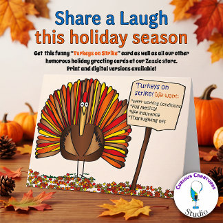 Funny Thanksgiving "Turkeys on Strike" Cartoon Holiday Card