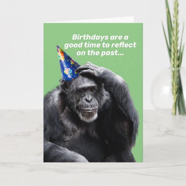 Funny Thinking Chimpanzee With Party Hat Birthday Card (Front)