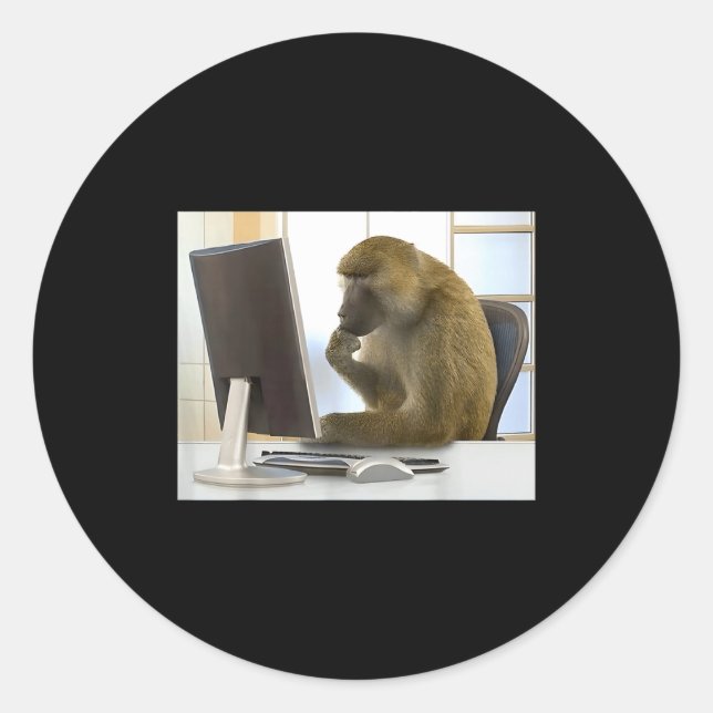 Funny Thinking Monkey Meme Office Curious Ape Brai Classic Round Sticker (Front)