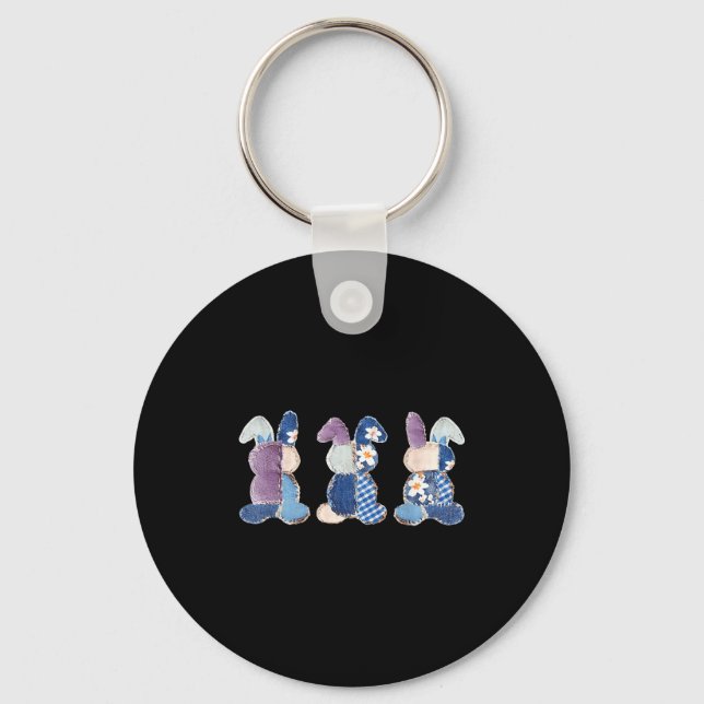 Funny three bunnies patchwork eggs rabbit happyFun Keychain (Front)