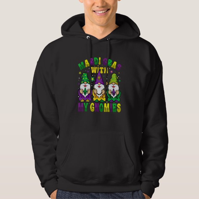 Funny Three Gnomes Mardi Gras Parading With My Gno Hoodie (Front)