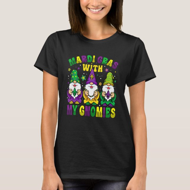 Funny Three Gnomes Mardi Gras Parading With My Gno T-Shirt (Front)
