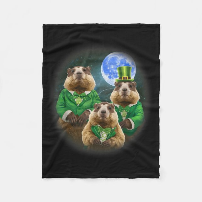 Funny Three Groundhog Moon 3 Groundhog Head St Pat Fleece Blanket (Front)
