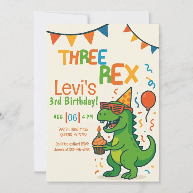 funny Three Rex 3rd Dinosaur Birthday  Invitation (Front)