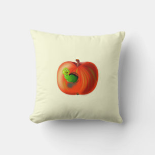 Funny Throw Pillow with Happy Worm In Red Apple