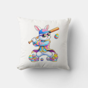 Funny Tie Dye Rabbit Baseball Easter Bunny Men Boy Throw Pillow