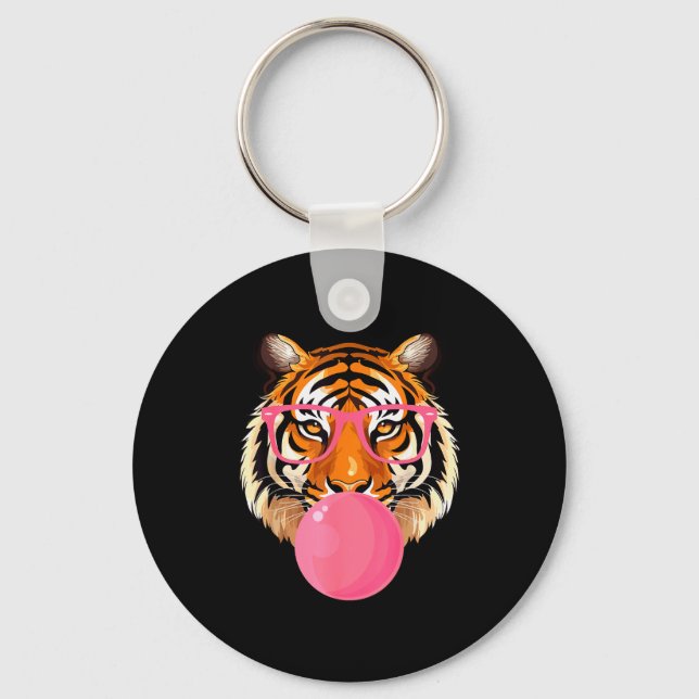 Funny Tiger Gles Blowing Bubble Gum Cute Tiger Fac Keychain (Front)