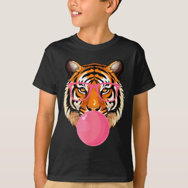 Funny Tiger Gles Blowing Bubble Gum Cute Tiger Fac T-Shirt (Front)