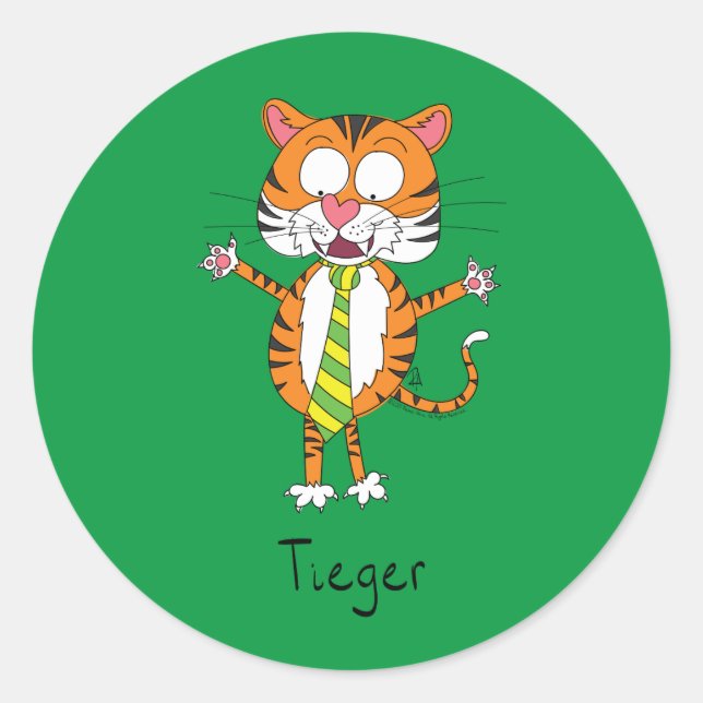 Funny Tiger in a Tie Cartoon Kids Classic Round Sticker (Front)