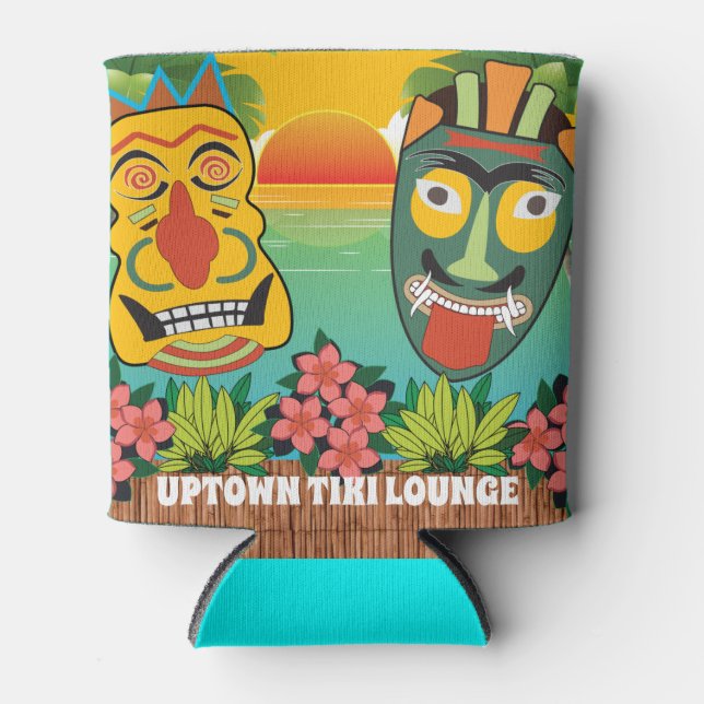 Funny Tiki Faces with tropical sunset and name Can Cooler (Front)