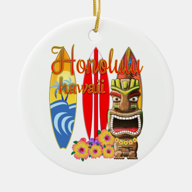 Funny Tiki Honolulu Hawaii Surfing Ceramic Ornament (Front)