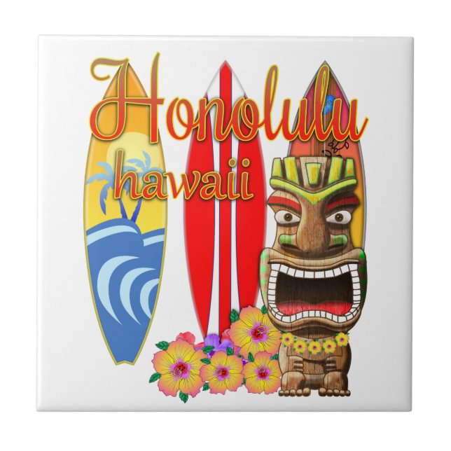 Funny Tiki Honolulu Hawaii Surfing Tile (Front)