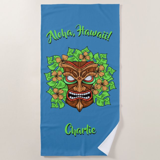 Funny Tiki Mask custom text & colour beach towel (Front)