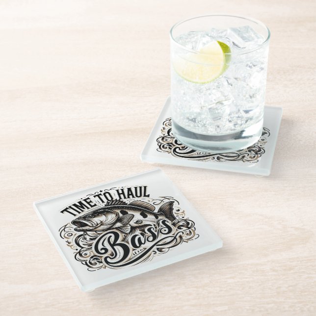 Funny Time to Haul Bass Fishing Glass Coaster (Angled)